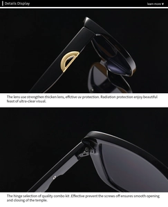 Detail view of black sunglasses featuring golden temple accents and smooth metal hinges