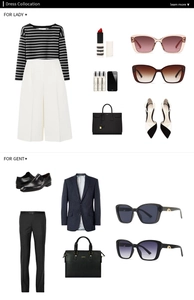 Fashion lifestyle flat lay featuring elegant sunglasses with men's and women's outfits