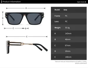 Detailed size chart of black PC square sunglasses with gold temple accents and dimensions