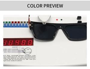 Detailed UV400 test showing black square sunglasses protecting against ultraviolet rays