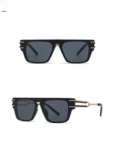 Front and 45-degree side views of black square oversized sunglasses with gold accents