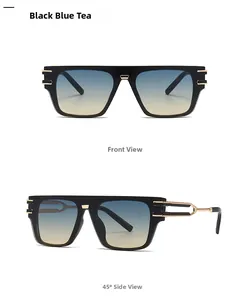 Front and side view of black frame sunglasses with blue-yellow gradient lenses and gold metal accents
