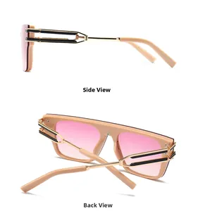 Side and back view of square fashion sunglasses with pink gradient lenses and beige frames