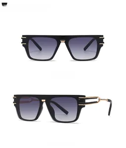 Front and side views of square oversized sunglasses with black frames and gradient gray lenses