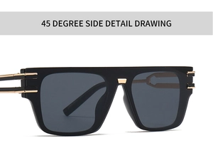 45-degree side view of black oversized flat top sunglasses with gold metal accents