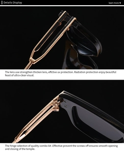 Detail of premium sunglasses with black frame and golden metal hollow-out temple