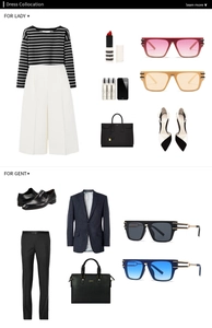 Fashion lookbook featuring luxury striped top, wide trousers, and navy pinstripe suit set
