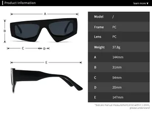Detailed technical specification chart showing dimensions and PC material for modern sunglasses