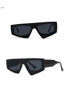 Front and 45-degree side views of geometric chunky black sunglasses with dark grey lenses