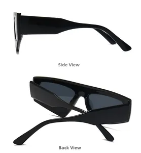 Detailed side and back views of avant-garde irregular black frame sunglasses