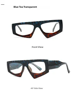 Detail view of irregular geometric sunglasses in blue tea transparent leopard pattern