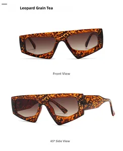 Detailed views of leopard print sunglasses with gradient tea lenses from front and side