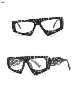 Front and 45-degree angle macro view of tortoiseshell transparent geometric eyewear frames