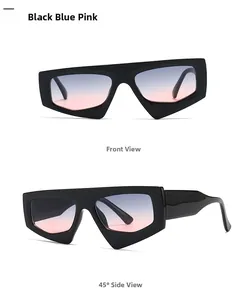 Front and side view of oversized geometric sunglasses with blue pink gradient lenses