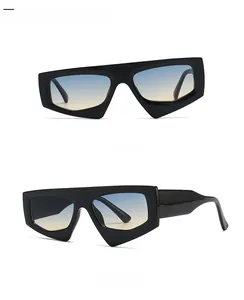 Front and side view of chunky irregular sunglasses with black frames and blue-yellow tint