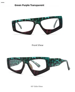 Macro view of wide oversized irregular geometric sunglasses in green and purple tortoiseshell