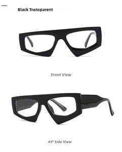 Front and 45-degree side view of black irregular geometric frame sunglasses with clear lenses