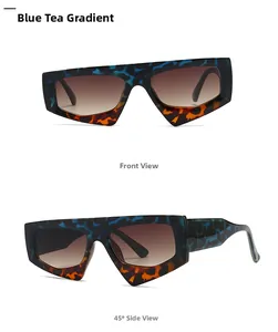 Front and 45-degree side views of blue and brown tortoiseshell geometric sunglasses