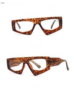 Front and 45-degree side view of geometric leopard grain transparent eyewear frames