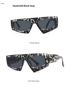 Front and 45-degree side view of oversized geometric tortoiseshell sunglasses