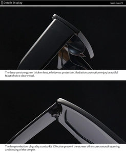 Macro detail of high-quality hinges and UV protection lenses on black square sunglasses