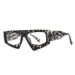 Modern irregular geometric sunglasses with oversized tortoise pattern frames and clear lenses