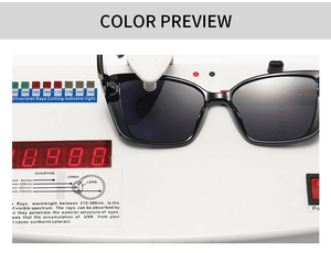 UV protection test showing black square sunglasses blocking UV rays on a professional meter