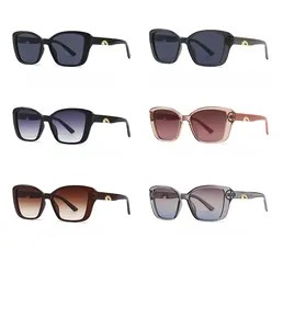 Macro shot of stylish sunglasses showing various frame colors and gold hinge accents