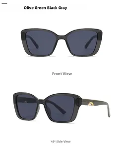 Front and side view of olive green oversized sunglasses with gold metal temple accents