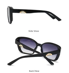 Side and back views showing black frames and golden arch metallic details on temples