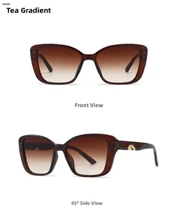 Detailed views of gradient tea butterfly sunglasses with gold arch metal accents