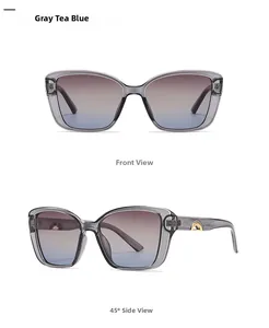 Front and 45-degree angle views of large frame gradient gray tea blue sunglasses