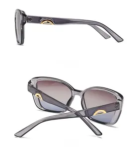 Side and back view of translucent gray sunglasses with gradient purple lenses and gold trim