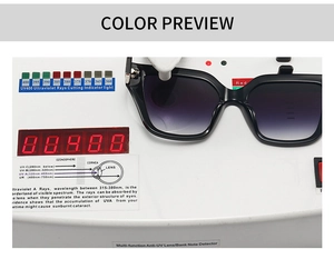 UV400 functional test showing gradient purple lenses of black square sunglasses