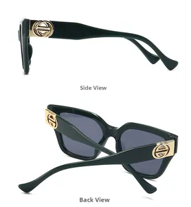 Detail view of dark green acetate sunglasses with golden interlocking logo and grey lenses