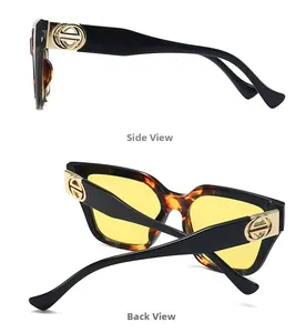 Side and back view of retro yellow lens sunglasses with tortoiseshell frames and gold accents