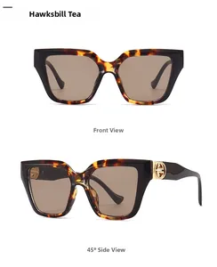 Front and side view of tortoiseshell square sunglasses with light brown lenses and gold logo