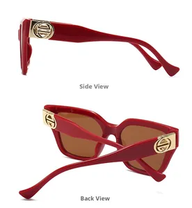 Detail showing side and back views of red oversized sunglasses with gold metal logo