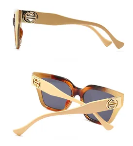Detail view of tortoiseshell oversized sunglasses featuring side and back profile views
