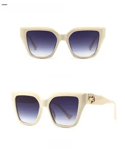 Detail view showing front and 45-degree angles of rice white oversized sunglasses with logo