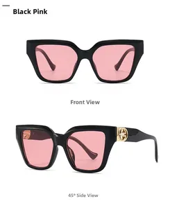 Detailed views of black oversized sunglasses with pale pink lenses and gold metal accents