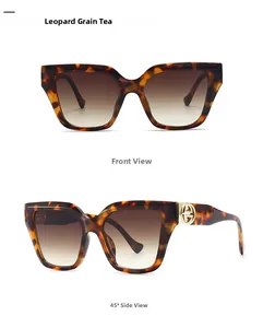 Detail of leopard print sunglasses with golden logo and gradient tea lenses