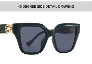 Detail view of dark green sunglasses with thick frames and golden circular hinges