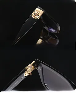Detail of premium black sunglasses hinge and gold metal accents with UV protection