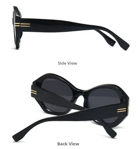 Detailansicht der markanten Cat-Eye-Sonnenbrille mit goldenen Metallakzenten am Bügel