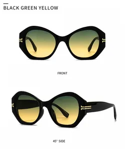 Front- und 45-Grad-Seitenansicht der geometrischen Katzenaugen-Sonnenbrille mit H-Deko