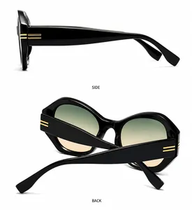 Makro-Detail einer eckigen Cateye-Sonnenbrille mit goldenen Akzenten und Verlaufsgläsern