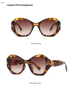 Vorder- und 45-Grad-Seitenansicht der Sonnenbrille mit Leopardenmuster und Teeglas-Verlauf