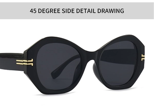 Detailansicht der Cat-Eye-Sonnenbrille mit Metallscharnieren und schwarzem Sechseck-Rahmen