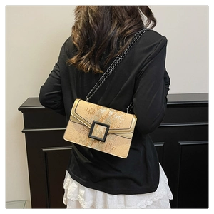 Détail du sac bandoulière à motif serpent avec boucle noire et bandoulière chaîne